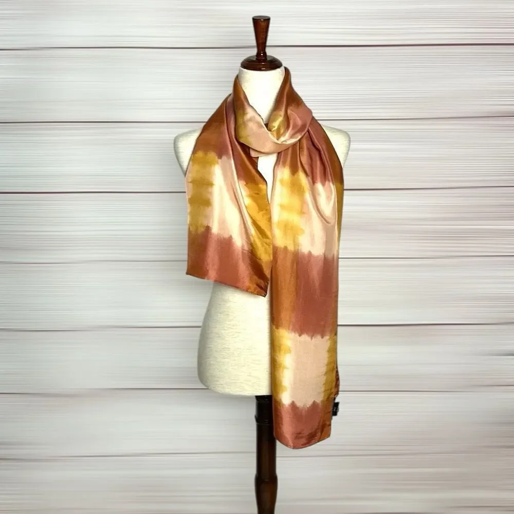 Eileen Fisher Silk Oblong Scarf Rust Peach Tie Dye Shibori Hand Rolled Japan